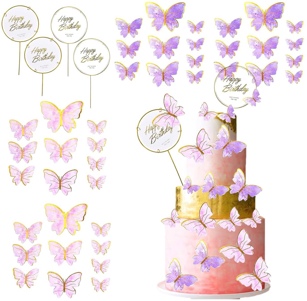 TRANKIELO® - Lege DIY Acrylcake Decoratie - Roze & Paars Vlinder Taartversiering voor Verjaardagsfeestjes en Bruiloften
