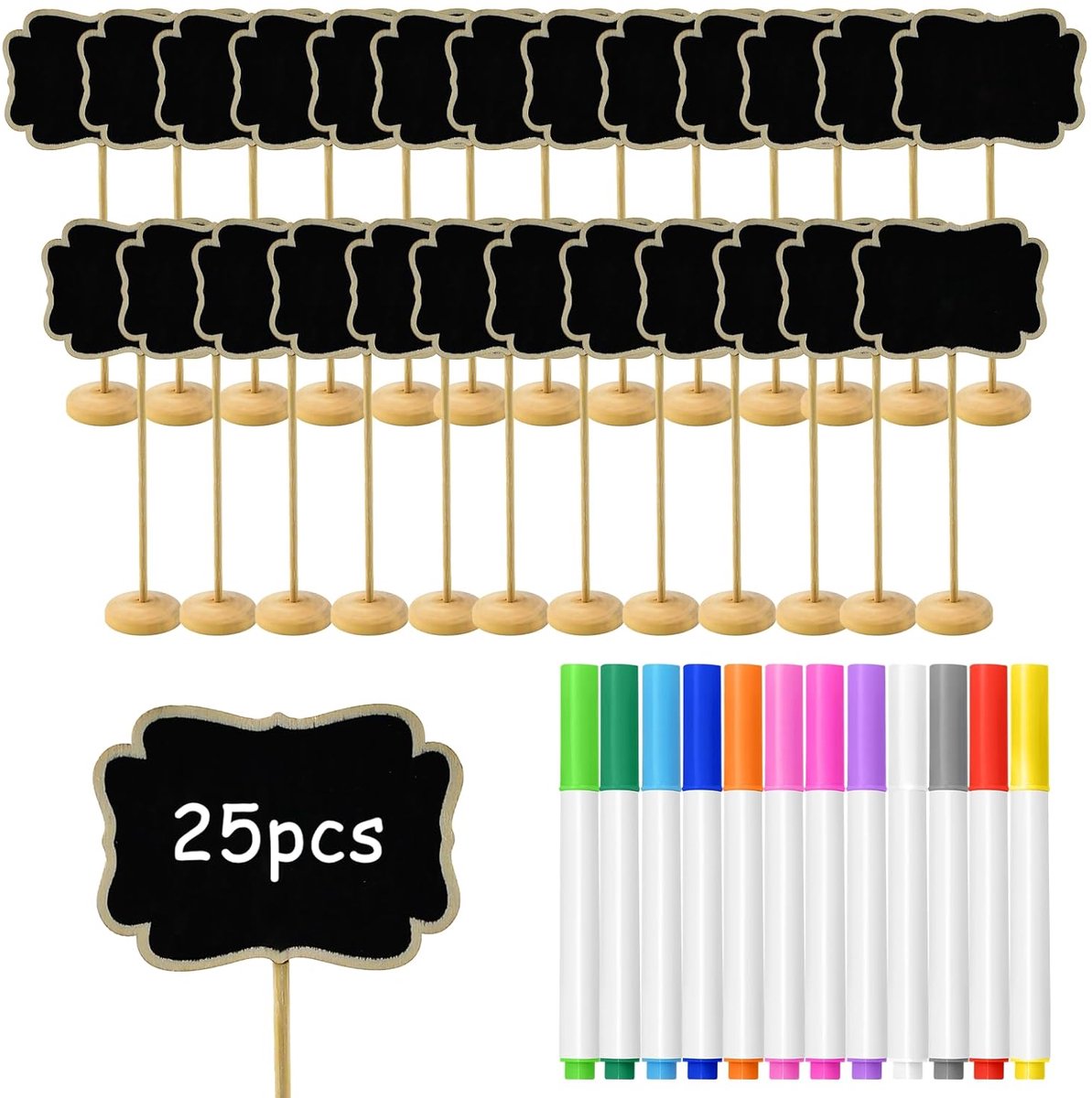 TRANKIELO® - Mini-Krijtbord Set van 25 met Houten Stand en 12 Kleurpennen – Duurzaam Hout – Veelzijdig en Praktisch voor Evenementen en Feesten