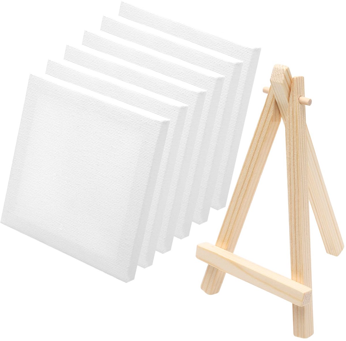 TRANKIELO® - Mini Schilder Canvas Set – 6 Stuks met Houten Ezel – 10x10cm Blanco Canvasborden voor Acryl- en Olieverfschilderij – Ideaal voor Kunstenaars en Decoratie
