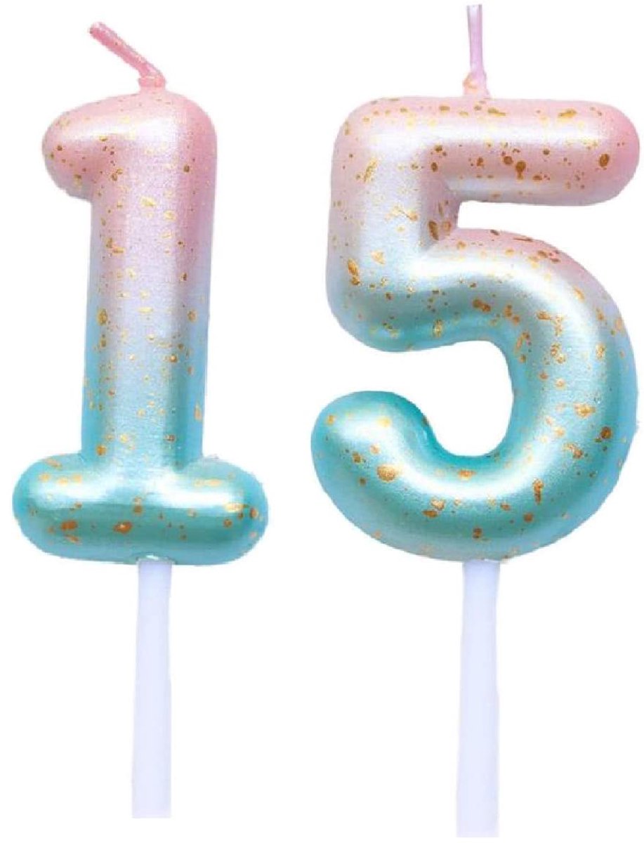 TRANKIELO® - Paars-Blauwe Verjaardagskaarsen – Nummer 15 – Gradiënt Kaarsen – Taart Topper voor Verjaardag, Bruiloft en Afstuderen