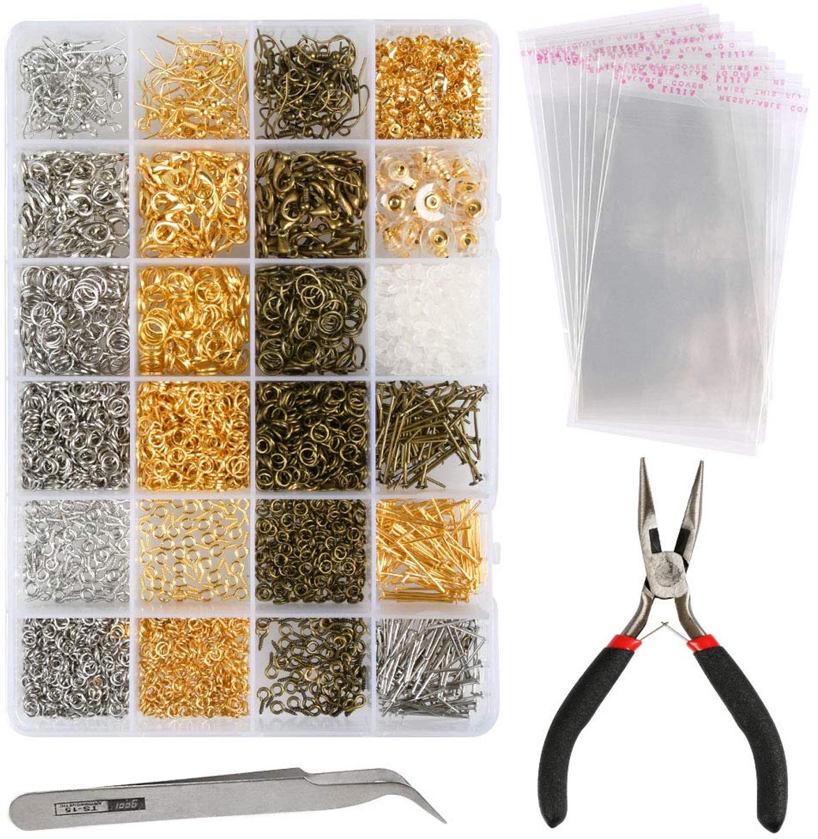 TRANKIELO® - Premium Sieraden Maken Accessoireset - 3000 Stuks - Brons, Zilver, Goud - Inclusief Tang & Pincet - voor Oorbellen, Armband, Halsketting