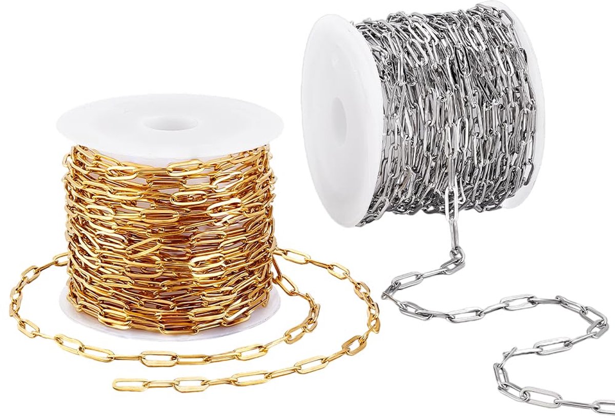 TRANKIELO® - Roestvrij Stalen Paperclip Kettingen – 10m Rol – 3mm Breedte – Zilver & Goud – voor Sieraden & DIY Projecten