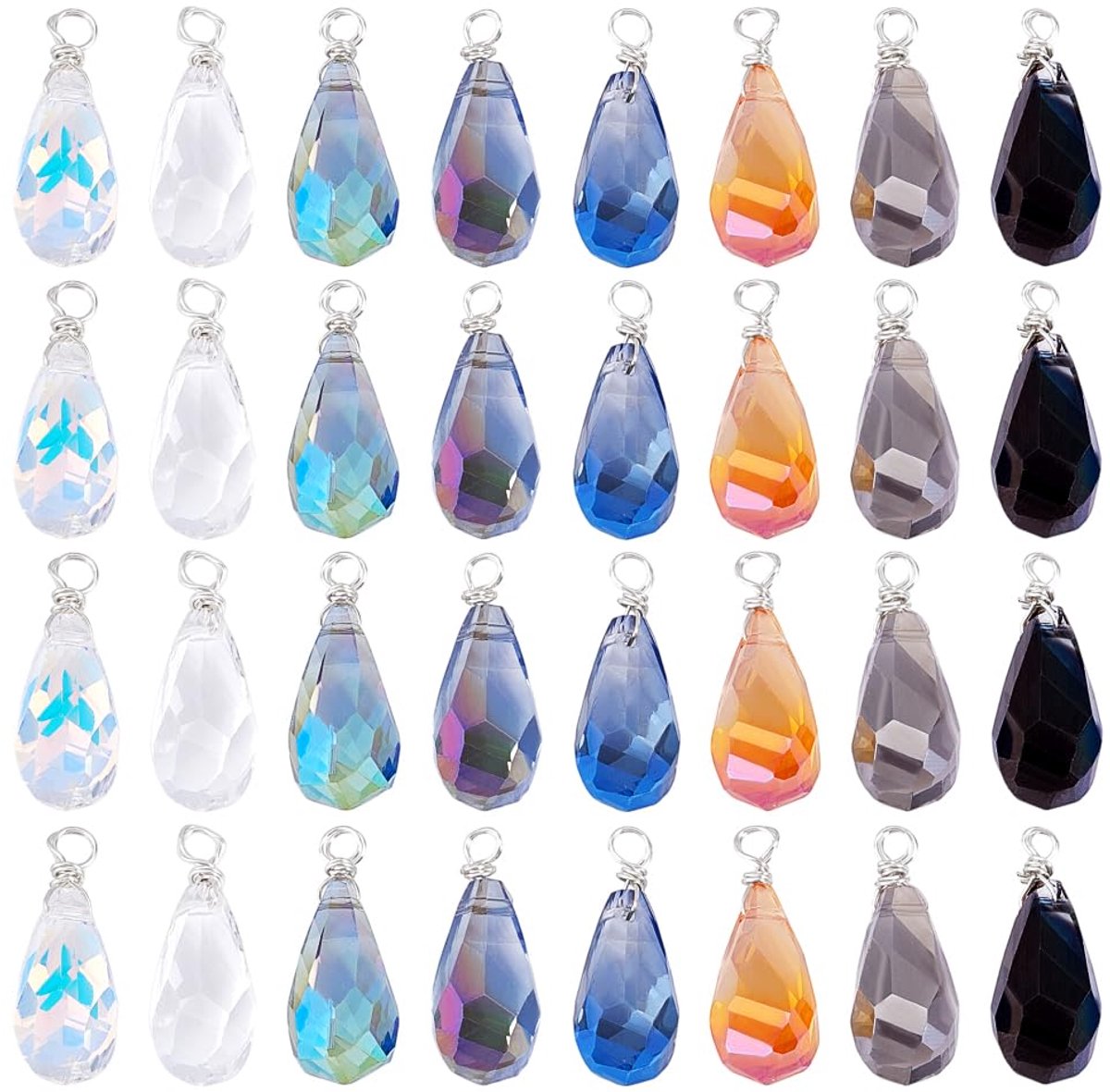 TRANKIELO® - Set van 32 Gefacetteerde Druppelvormige   - Glazen Kristallen Hangers in 8 Kleuren – Sieraden Maken – Voor Kettingen, Armbanden en Oorbellen