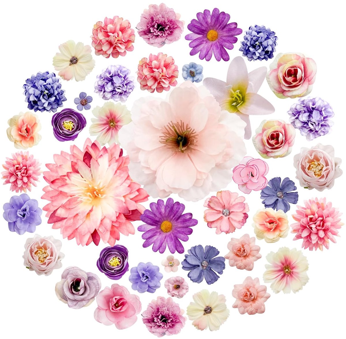 TRANKIELO® - Set van 48 Kunstbloemen Koppen voor DIY Decoraties – Variëteit aan Bloemsoorten in Roze en Paars – Ideaal voor Bruiloft, Thuisfeesten, Taartdecoratie en Handwerk