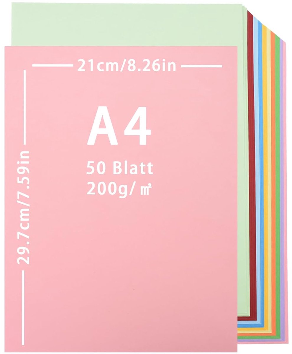 TRANKIELO® - Set van 50 A4 Gekleurde Karton Vellen – 200 g/m² – 10 Verschillende Kleuren – Multifunctioneel voor Creatieve Projecten en Decoraties