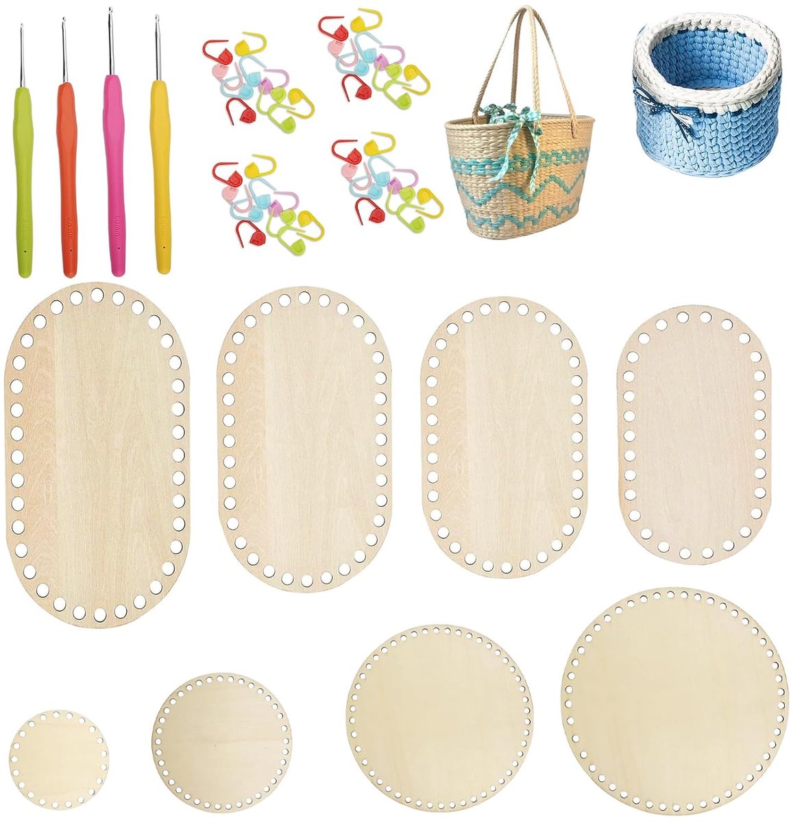 TRANKIELO® - Set van 8 Gehaakte Mandbodems met Houten Bodems - Inclusief Haaknaalden en Markers voor DIY Projecten