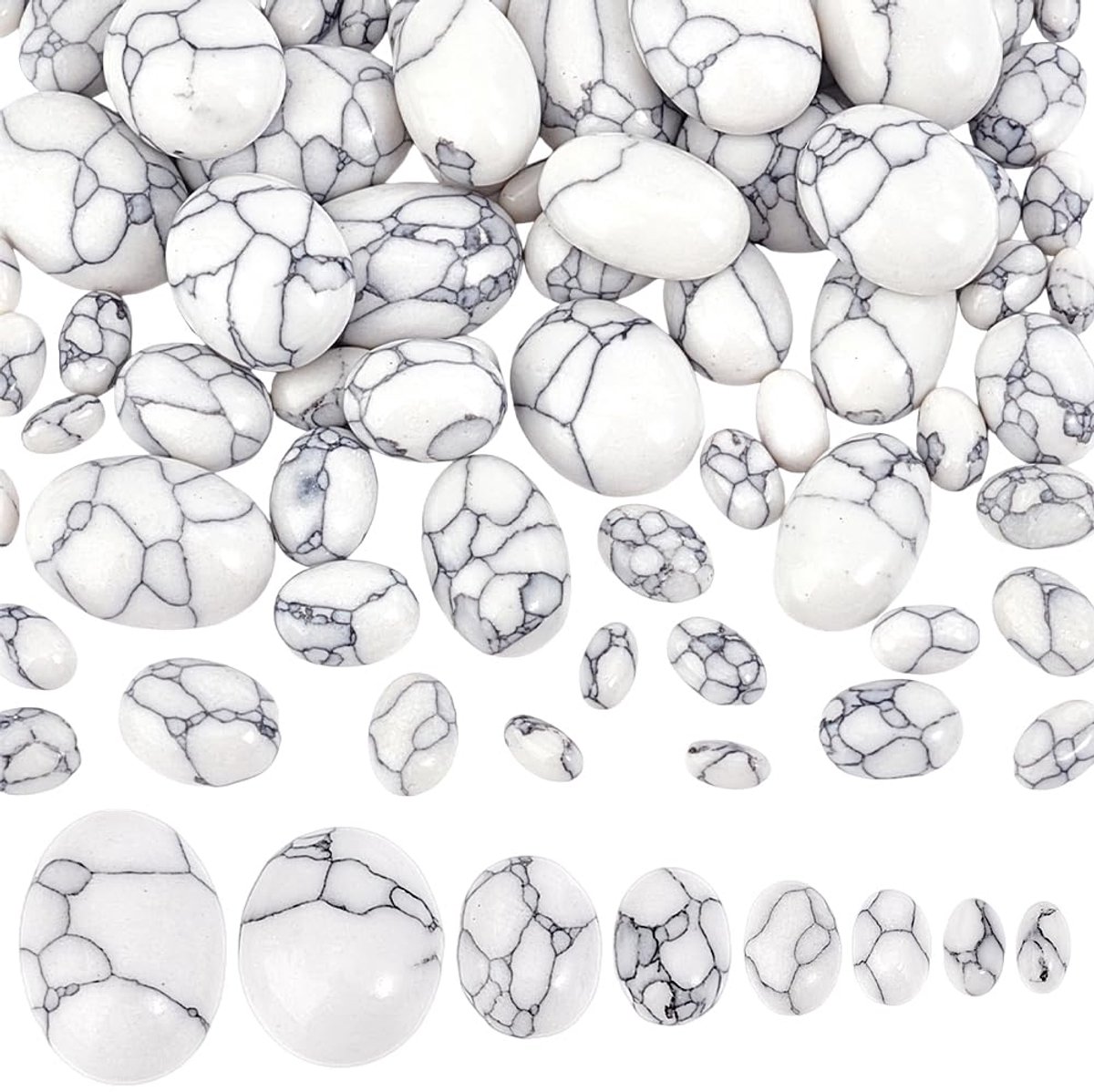 TRANKIELO® - Synthetische Howliet Cabochons - Set van 66 stuks in 8 Maten - Ovaal & Plat voor DIY Sieraden en Ambachten - Edelsteen Versiering voor Oorbellen en Armbanden