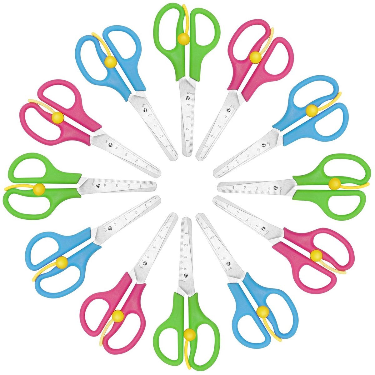 TRANKIELO® - Veiligheidsscharen Set - 12 Stuks - Assorti Kleuren - Botte Punt - Geschikt voor Rechts- en Linkshandige - Roestvrij Staal - 12,5cm/5 Inch - Voor School, Kunst en Handwerk