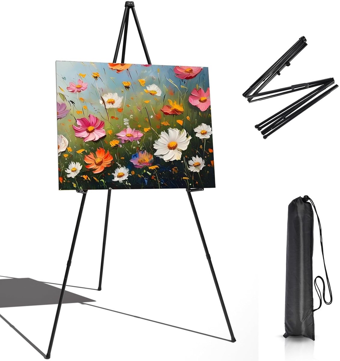 TRANKIELO® - Verstelbaar   Statief 160CM – Zwart Metaal – Inklapbaar – Met Draagtas - Ideaal voor Schilderen, Tentoonstellingen en Trouwdisplay