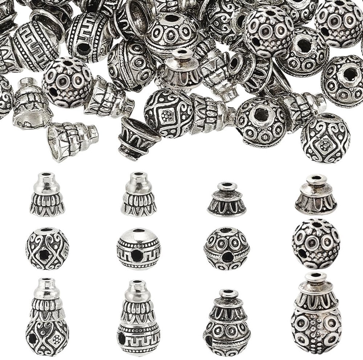 TRANKIELO® – 40-delige Tibetaanse Stijl Sieradenmaken Set – Legering Goeroe Kralen – 3-gaats Kalebas en T-Boor Ontwerpen – Antiek Zilver