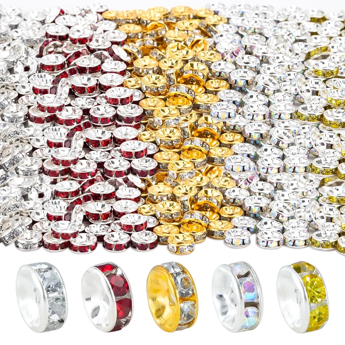 TRANKIELO® – 500 stuks glazen kralen met strass - ronde tussenkralen van 6mm - metalen spacerkralen voor rijgen in 5 kleuren – geschikt voor armbanden, sieraden, halskettingen en doe-het-zelf decoraties