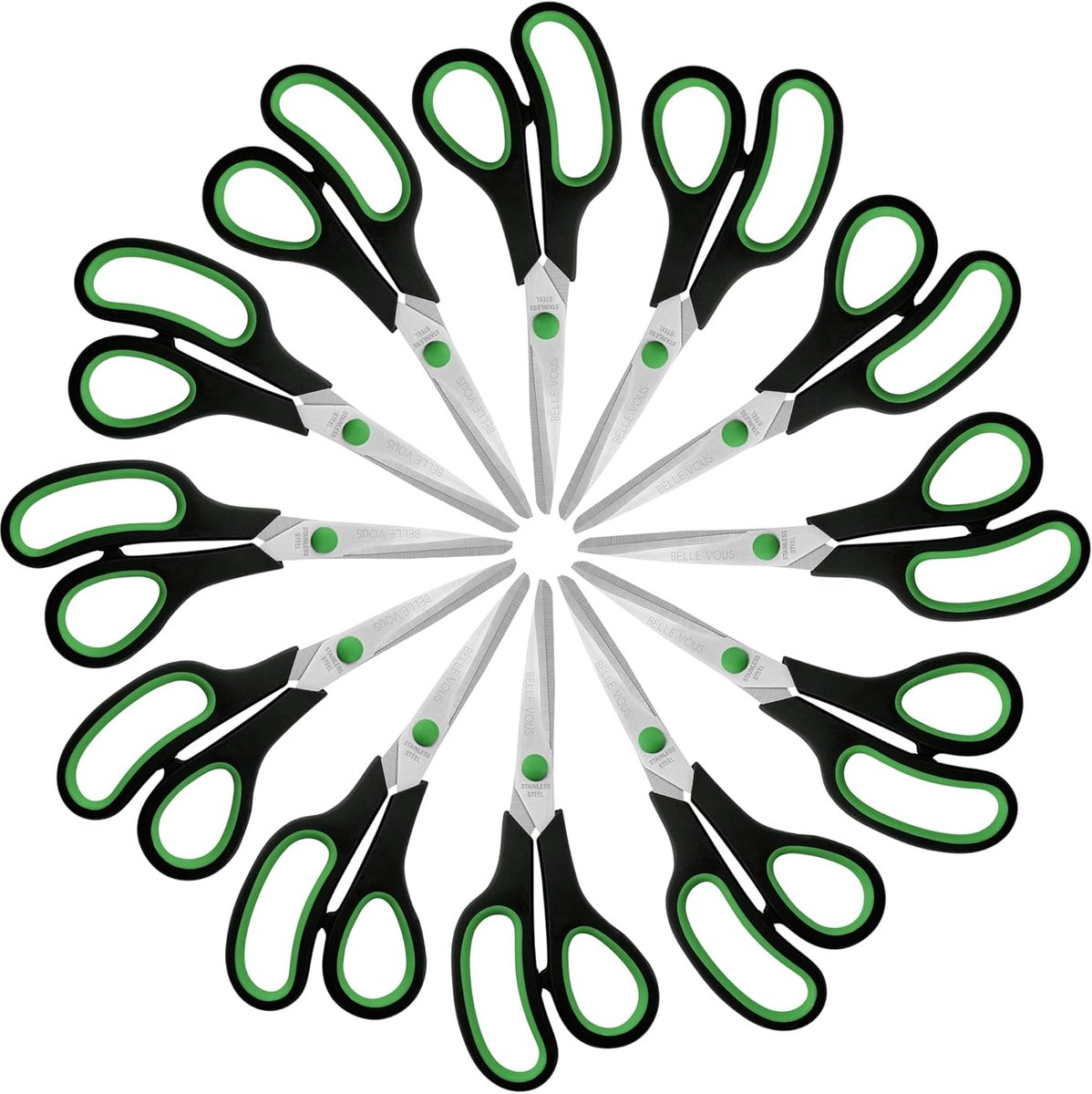 TRANKIELO® – Complete scharenset van 12 – Veelzijdige huishoudschaar – Geschikt voor zowel links- als rechtshandig gebruik – Gepolijst voor scherpte – Volwassen schaar – Groen en zwart