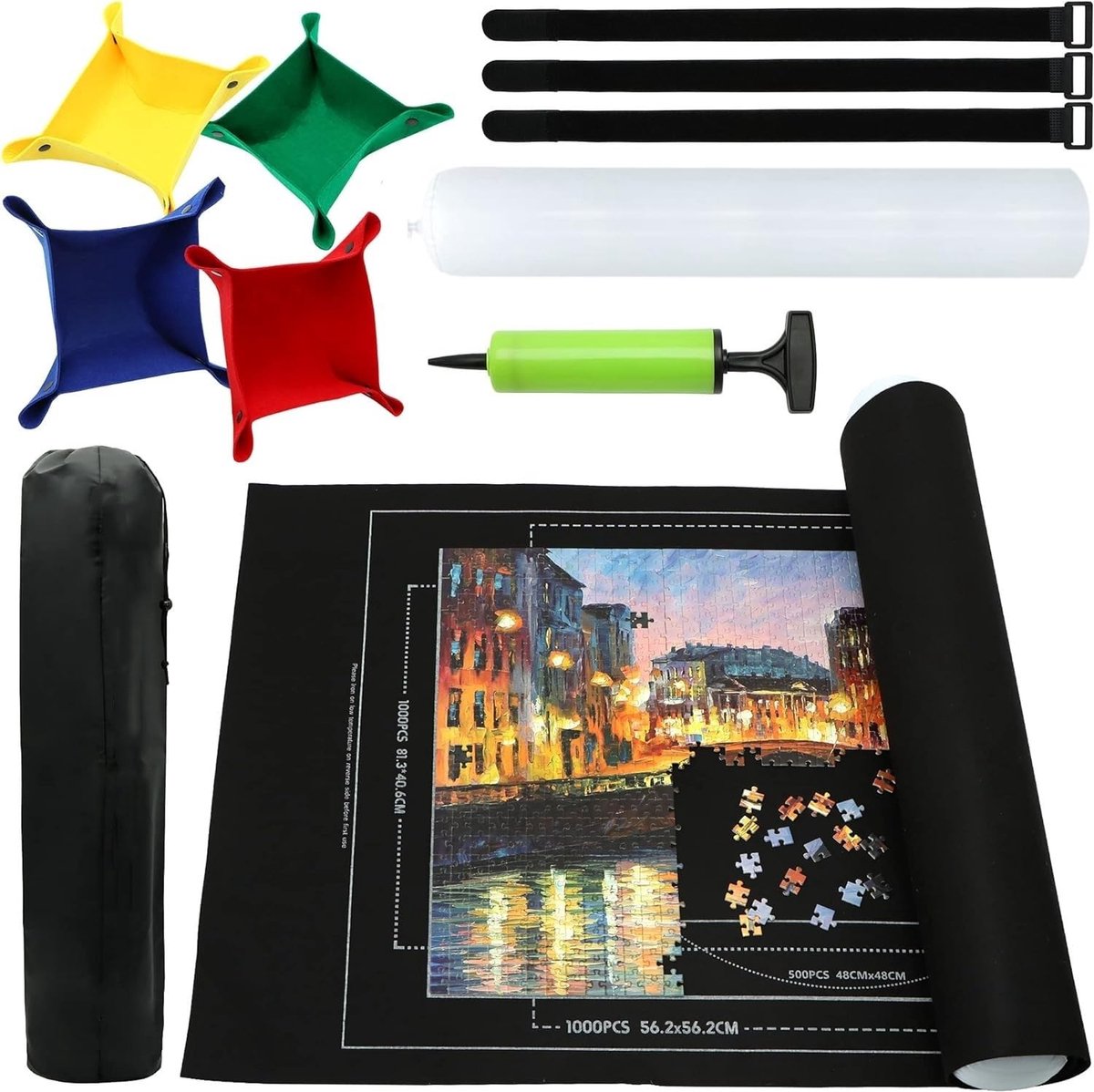TRANKIELO® – Draagbare Puzzelmat voor Verschillende Aantallen Stukjes – 1000, 1500, 2000 – Opvouwbare Puzzelopslag, Vilt Pad met 4 Sorteerbakken en Opblaasbare Buis – 118cm x 80cm