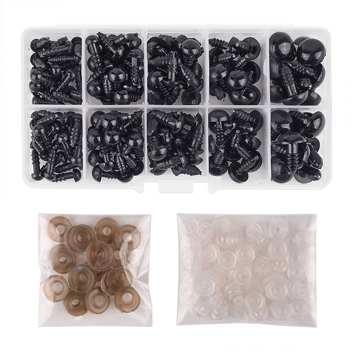 TRANKIELO® – Set van 150 Veiligheidsogen voor Knuffels en Poppen – 6-12 mm – Zwart – Inclusief Sluitringen – Polyethyleen Materiaal