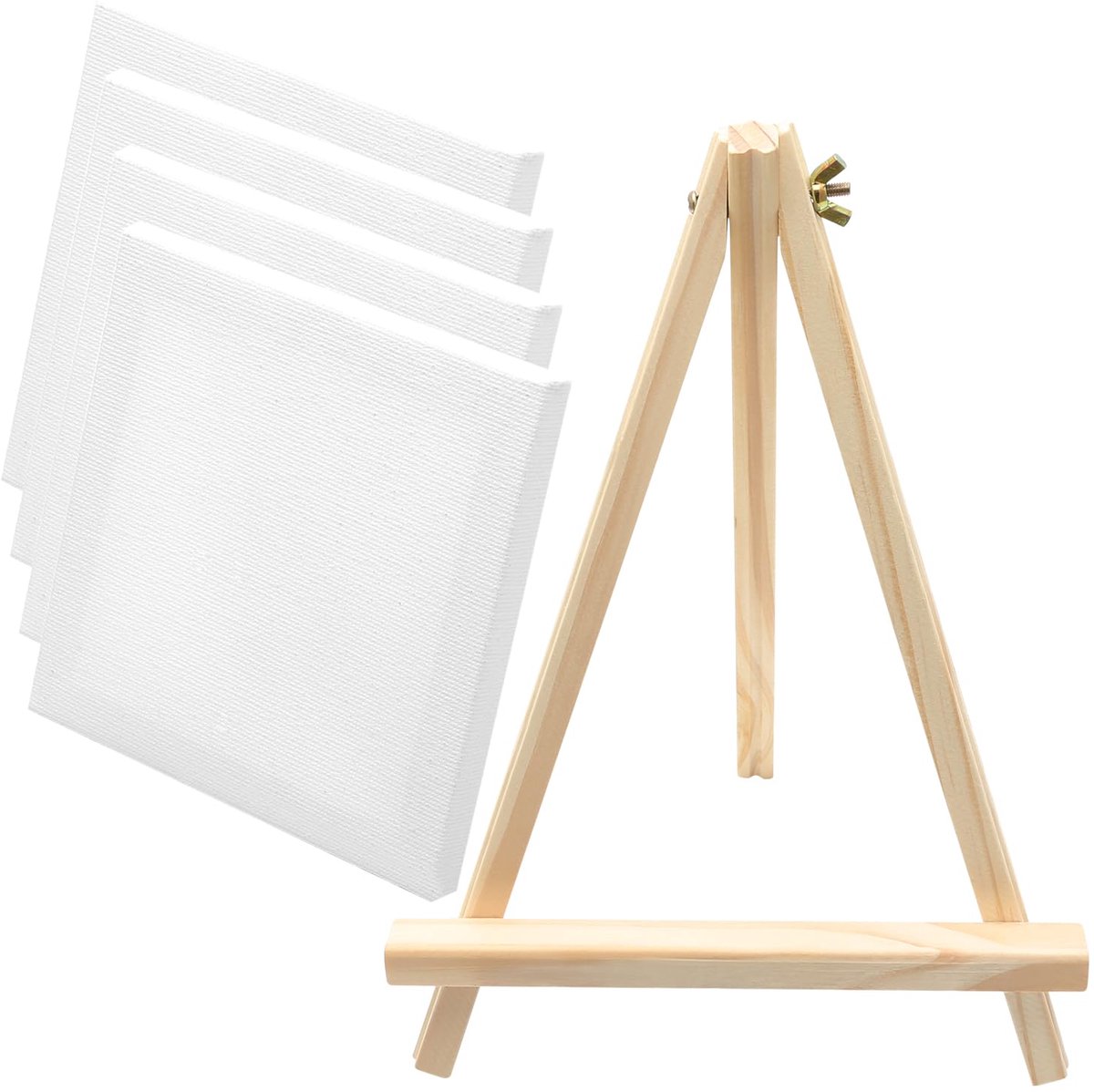 TRANKIELO® – Set van 4 voorgestretchte blanco canvaspanelen (20 x 20 cm) met schildersezel – 100% katoen – Ideaal voor olie- en acrylverf
