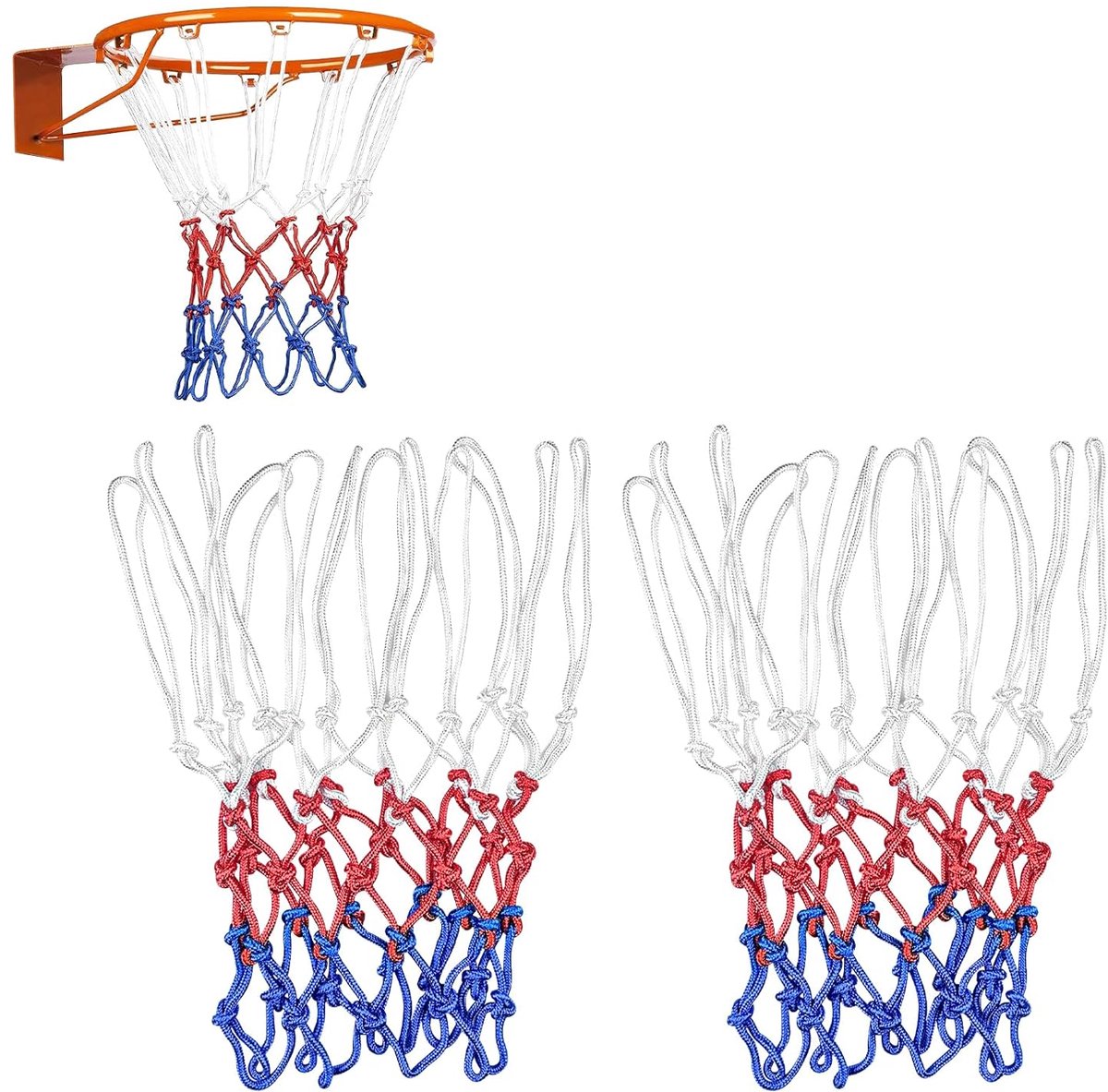 TRANKIELO® – Weerbestendig Basketbalnet Set van 2 – Driekleurig Ontwerp – Voor Binnen- en Buitenmontage – Standaard Maat – Hoogwaardig Polyester