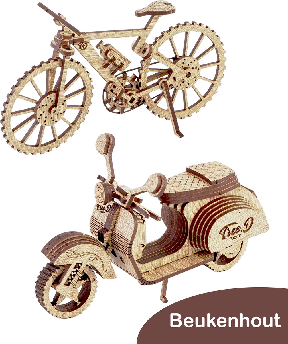 Tree D Puzzle Scooter/Fiets – Beukenhout Motorfiets Modelbouwset - Moto Scooter 3D Puzzels voor Volwassenen en Kinderen - 3D Puzzel Modelbouwsets voor Volwassenen – Hersenkraker
