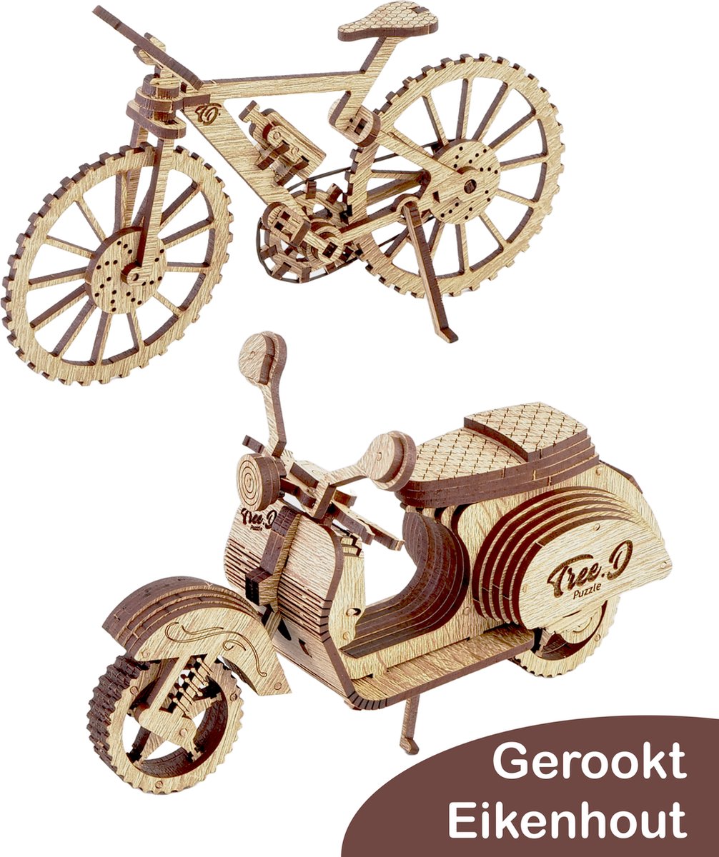 Tree D Puzzle Scooter/Fiets – Gerookt Eikenhouten Motorfiets Modelbouwset - Moto Scooter 3D Puzzels voor Volwassenen en Kinderen - 3D Puzzel Modelbouwsets voor Volwassenen – Hersenkraker