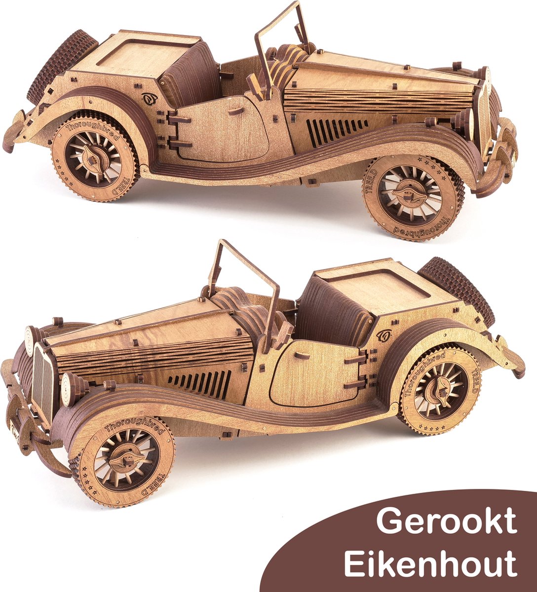 Tree D Puzzle Vintage Auto Modelbouwset - Thoroughbred Auto 3D Puzzelset Idee - Breinbreker Puzzels – Gerookt Eikenhouten 3D Puzzel Modelbouwsets voor Volwassenen - Model Auto Bouwpakketten
