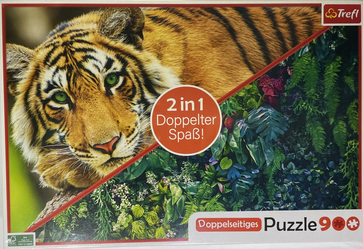 Puzzel Dubbelzeidig Tijger en Jungle - 900 Stukjes - 2 in 1 - Moeilijke Puzzel - 2 Puzzels - Dubbel zoveel plezier! -68 x 48 - Cadeautip!