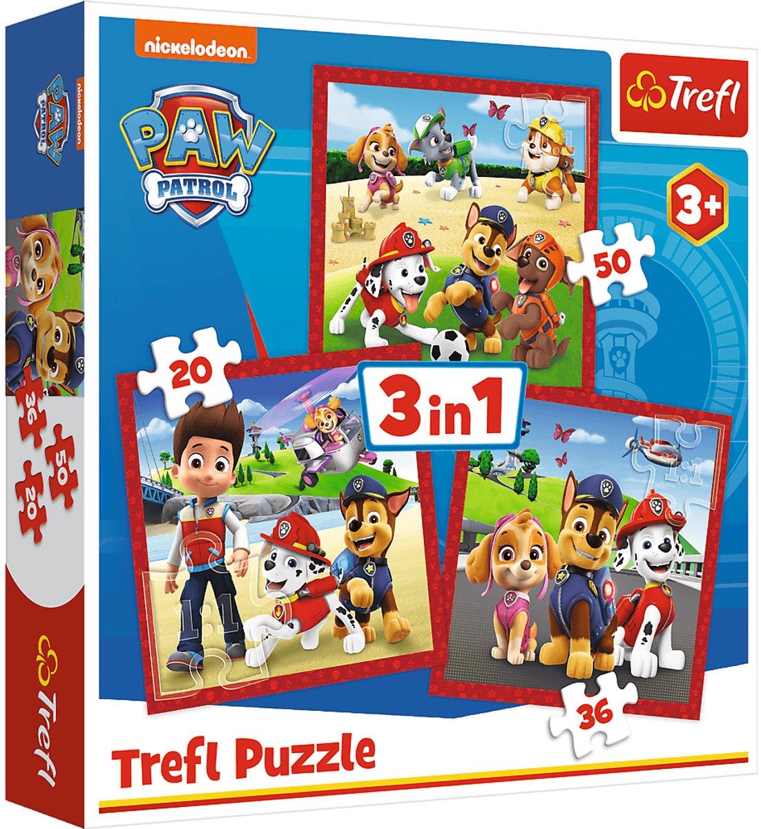 Trefl puzzelset Paw Patrol 3in1 - Happy dogs karton kinderpuzzel.