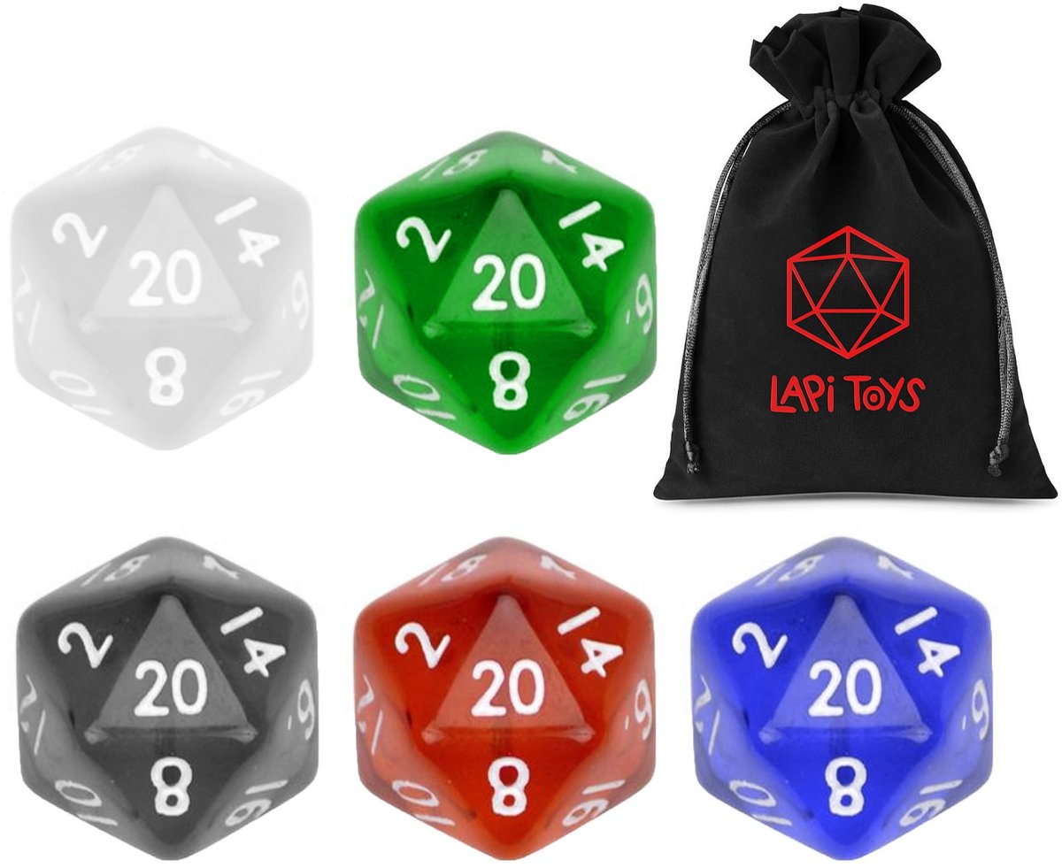 Lapi Toys - Dungeons and dragons D20 dobbelstenen - D20 - 5x DND D20 dice - Inclusief velvet bewaarzakje - Meerkleurig