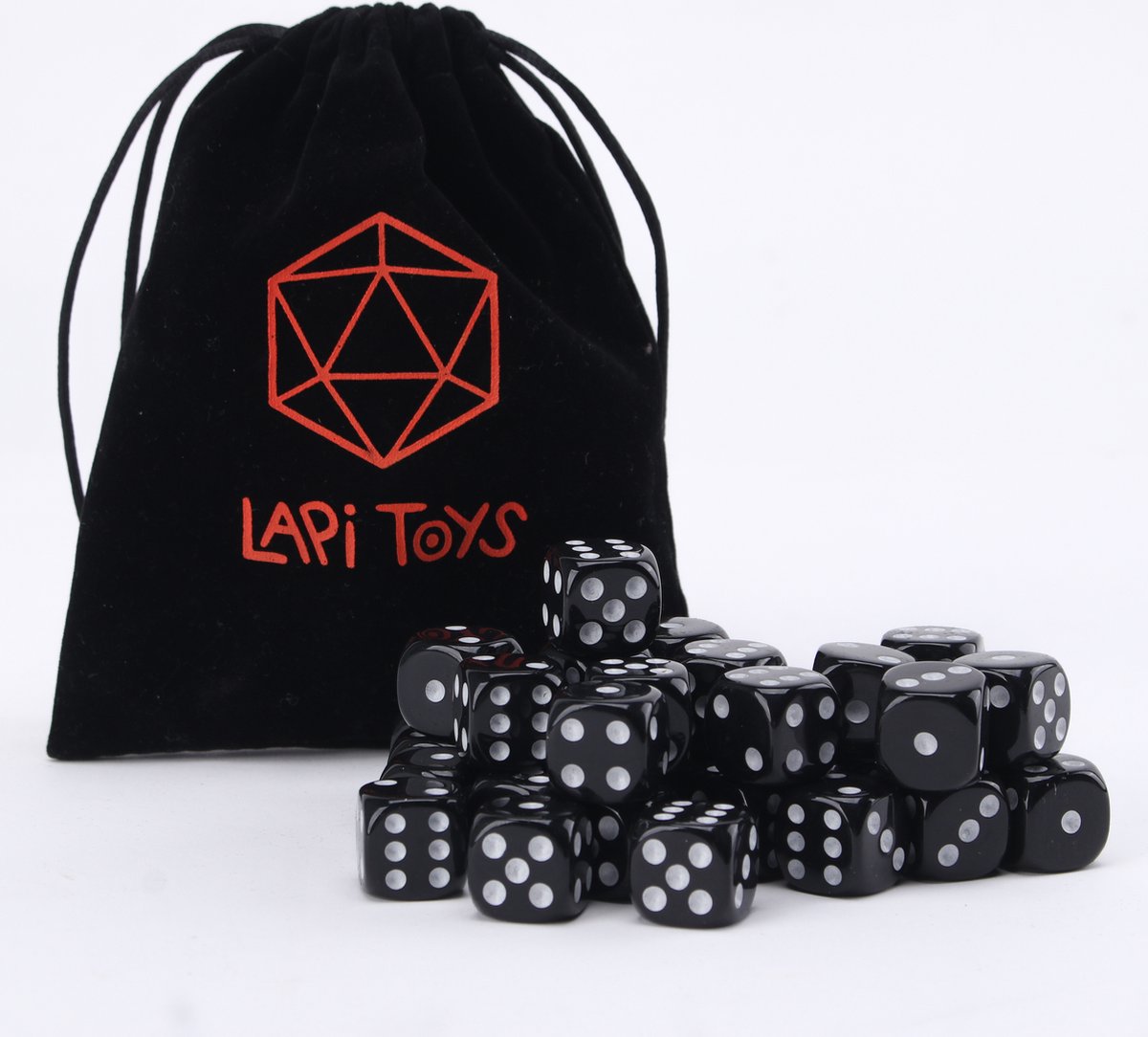 Lapi Toys - Dungeons and dragons D6 dobbelstenen - D6 - 36x D6 DND Dice - Inclusief velvet bewaarzakje - Zwart