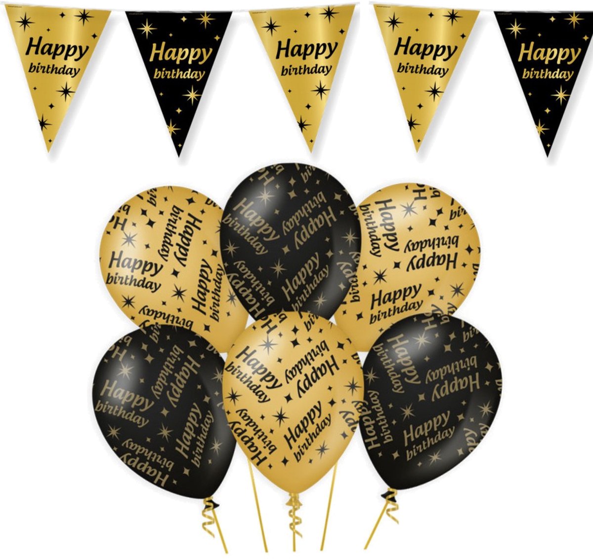 Leeftijd verjaardag feestartikelen pakket vlaggetjes/ballonnen Happy Birthday thema zwart/goud - 18x ballonnen/3x vlaggenlijnen