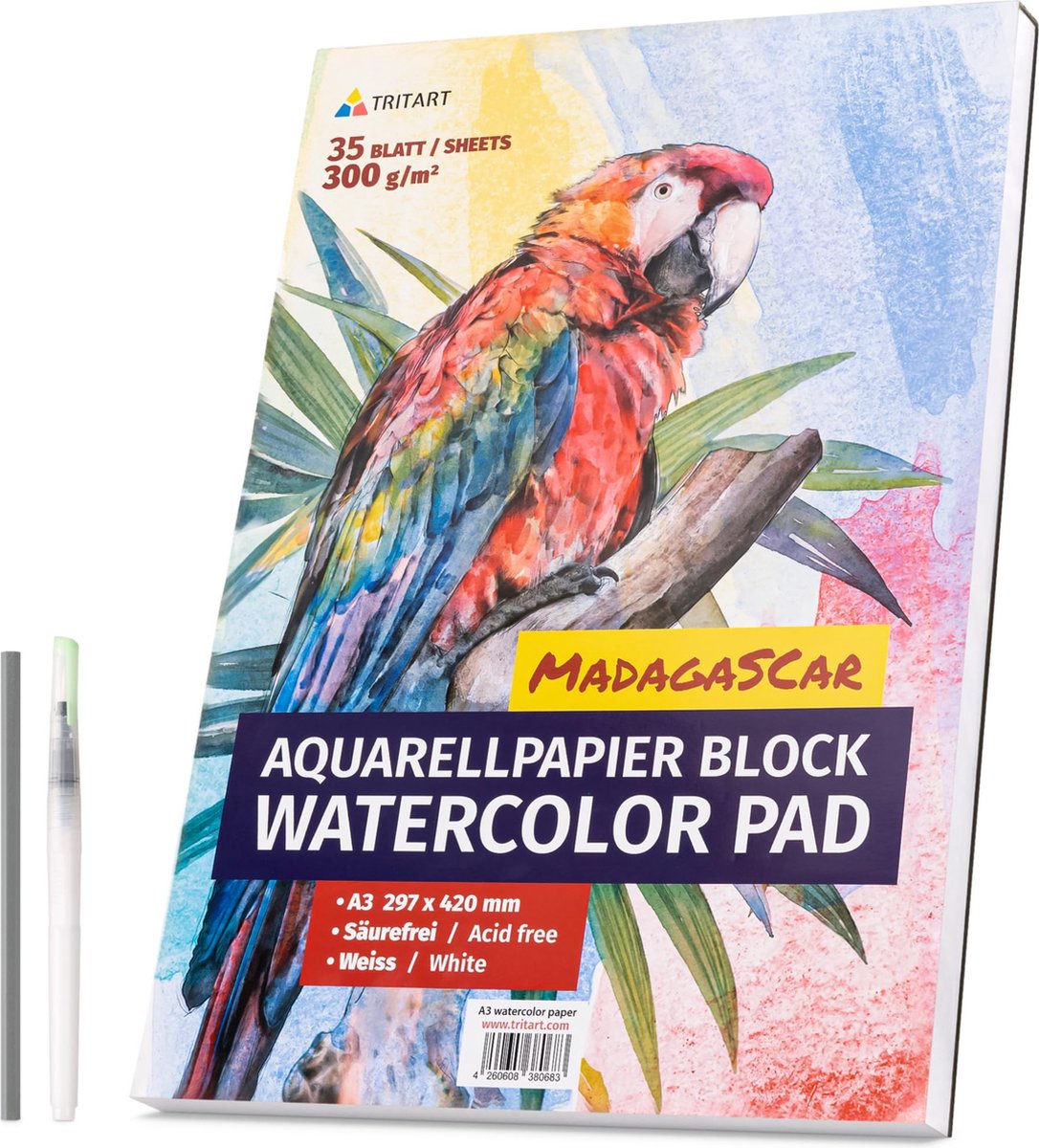 Tritart Hoogwaardig Aquarel Papier 300g / DIN A3 / Wit Tekenblok of Papierblok om te Schilderen met Waterverf, Acrylverf Aquarel Penselen en meer!