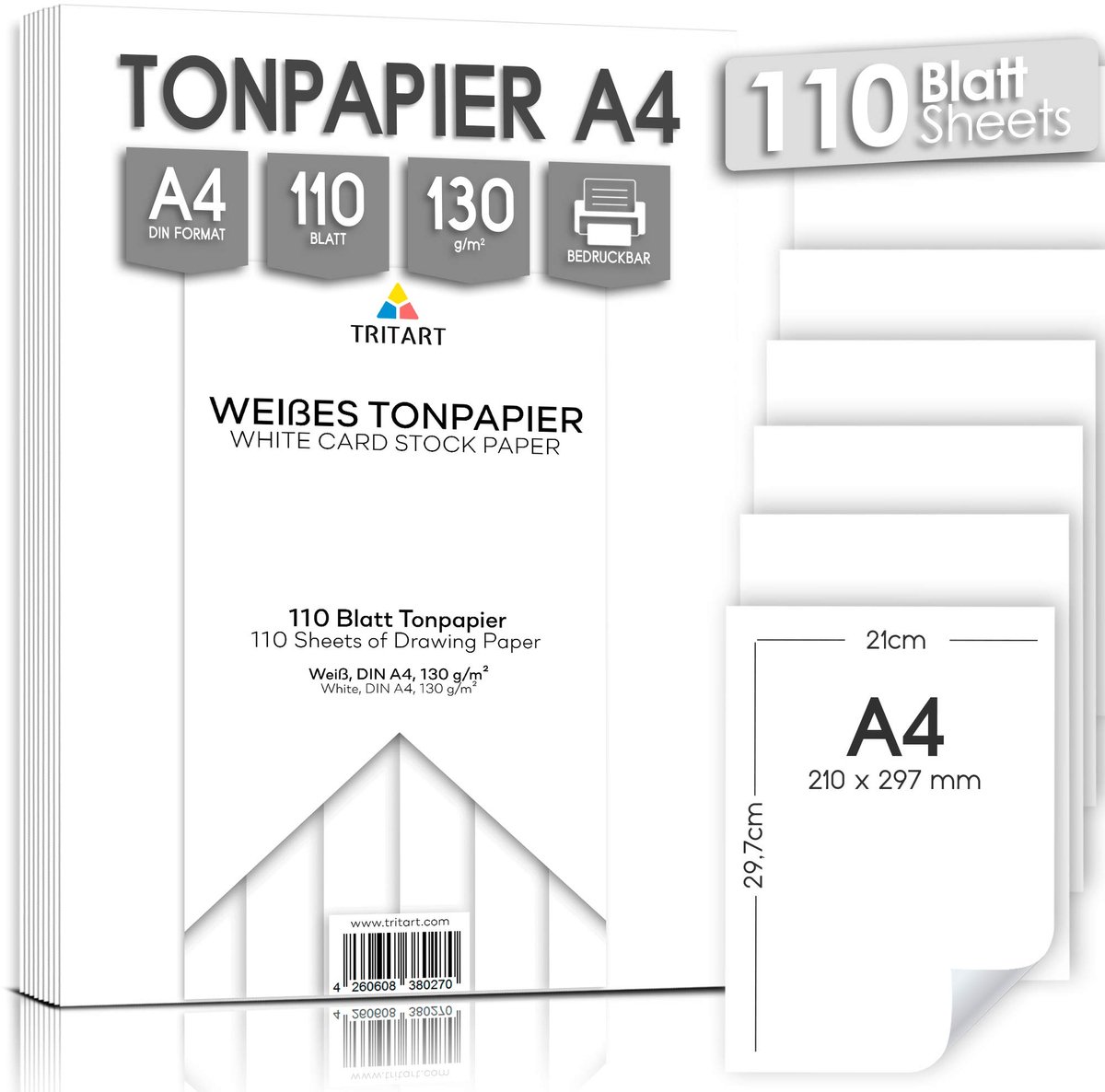Tritart wit papier A4 130 g/m² - 110 vellen stevig A4 papier - Tekenpapier om te knutselen - Karton fotopapier in wit - Knutselpapier of printpapier