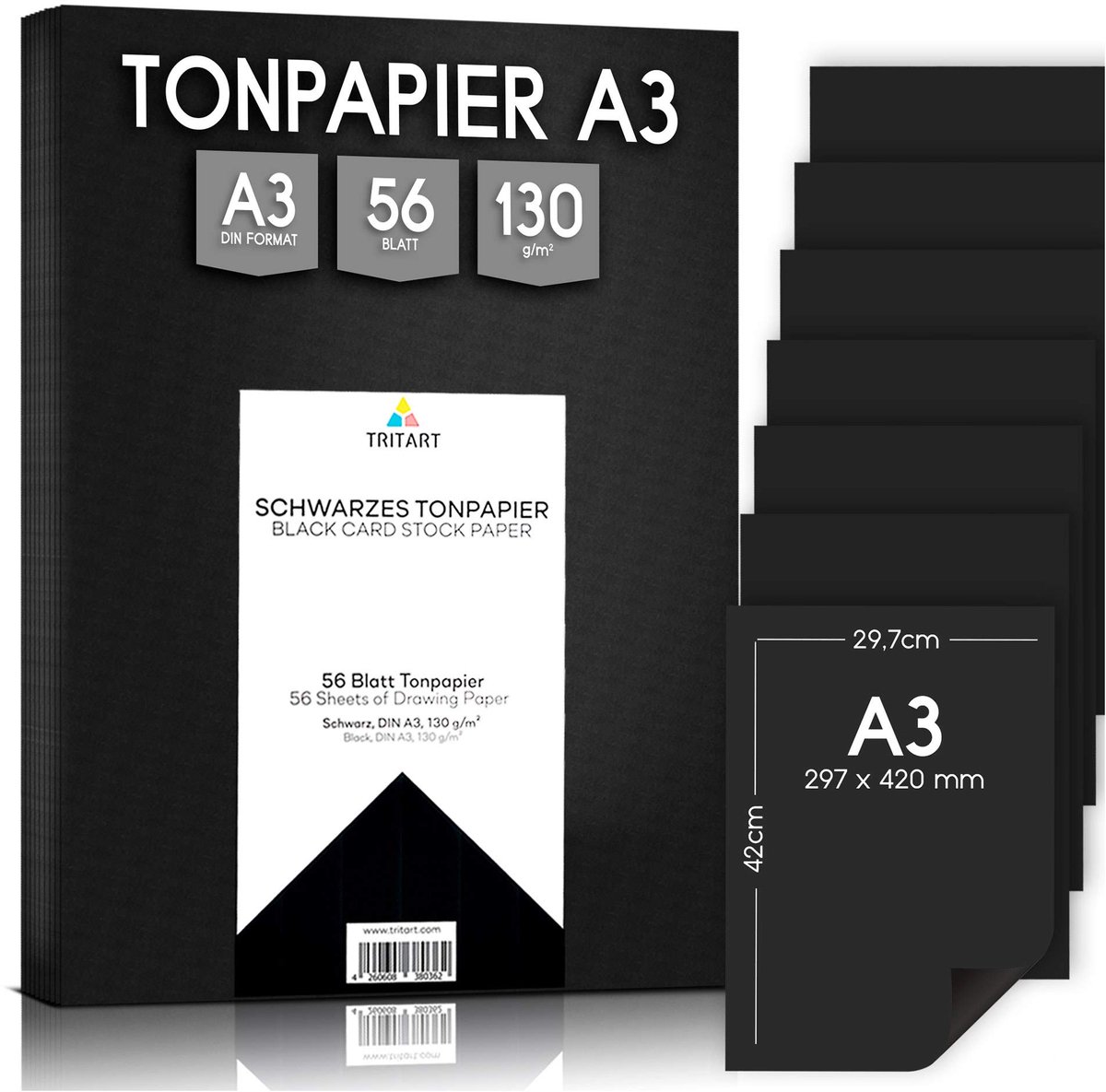 Tritart zwart papier A3 130 g/m² - 56 vellen stevig A3 papier - Tekenpapier om te knutselen en schilderen - Gekleurd karton in zwart - Knutselpapier