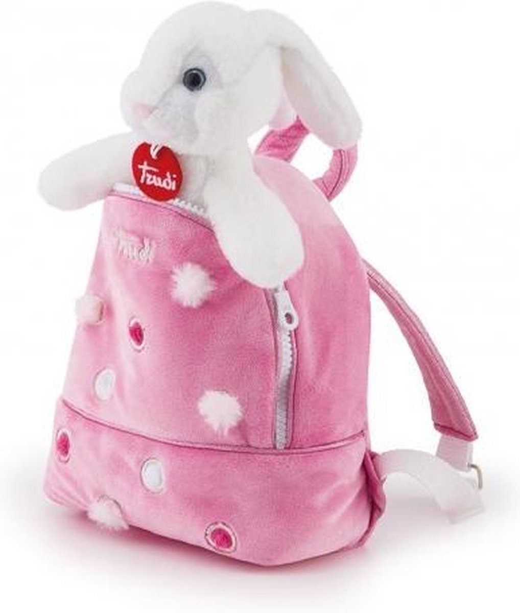 knuffel konijn in rugzak wit/roze 19 x 20 x 11 cm