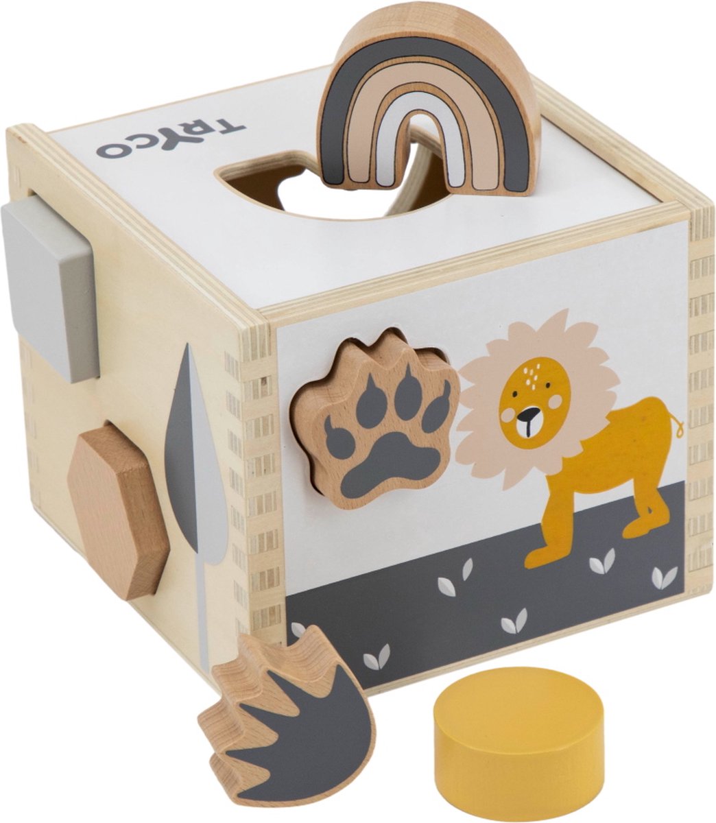   Pawprint Houten  , puzzelen ,met de voetafdrukken van de leeuw en krokodil, stop de vormpjes in de juiste opening, Geel Grijs Wit Naturel