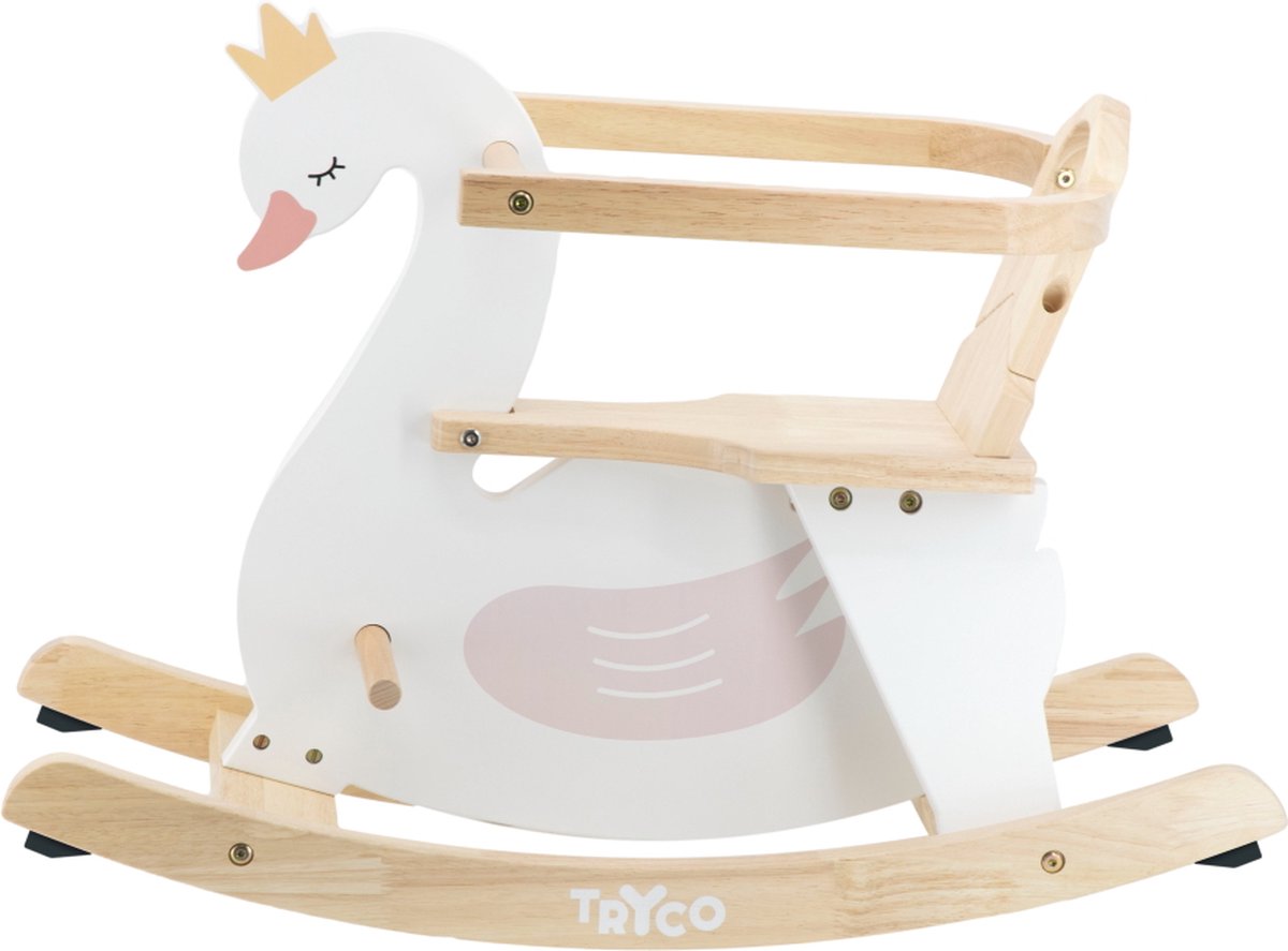   Zwaan Houten Hobbeldier, met zitje en voetensteuntje, afmetingen: 71.5 x 31 x 52 cm, geschikt vanaf 1 jaar, Wit Roze