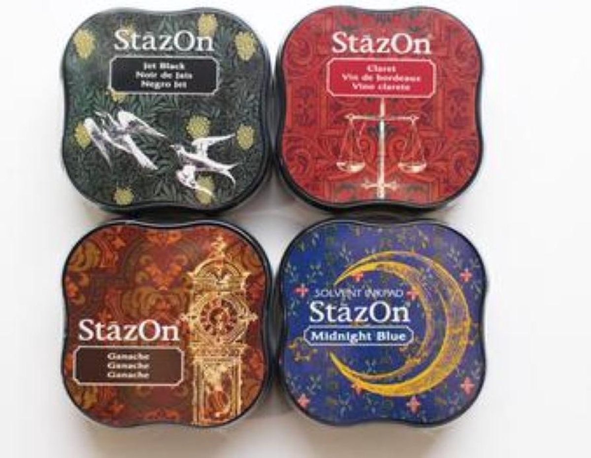 set 4 stazon midi - set dark antique - jet black claret ganache en midnight blue - stempel inkt voor papier stof hout plastic