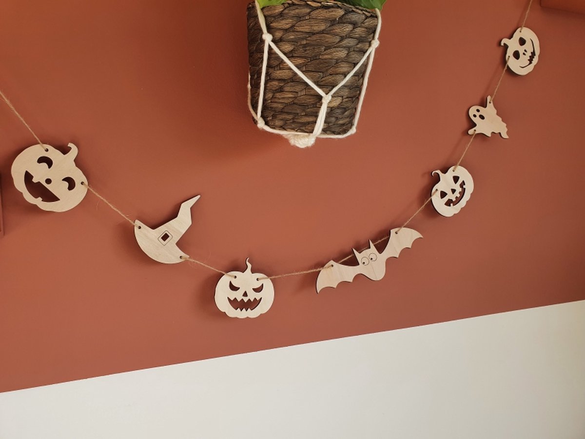 Halloween Slinger van hout - Slingers - Pompoenen - Griezelig - Spook - Vleermuis