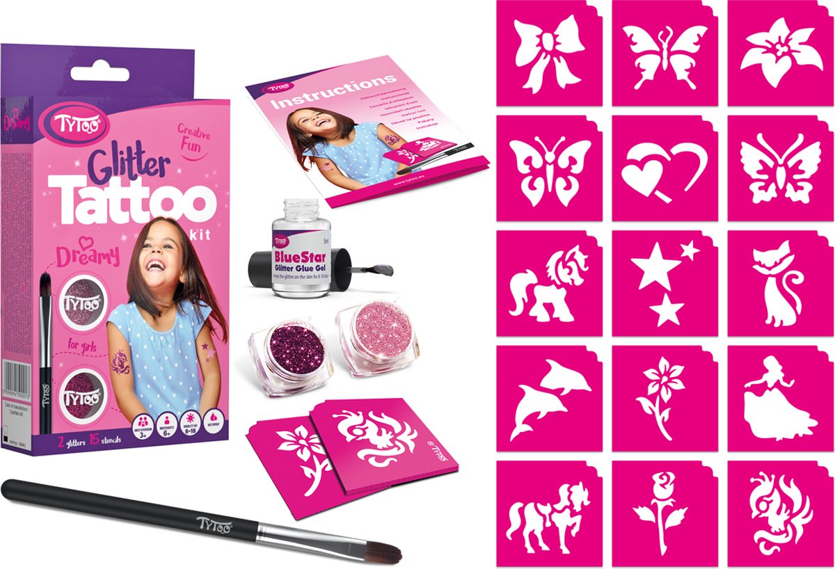 Tytoo Glitter Tattoo: DREAMY 10,5x16x3,2cm, bevat 15 stencils, glitters, lijm,  penseel en instructies, 3+