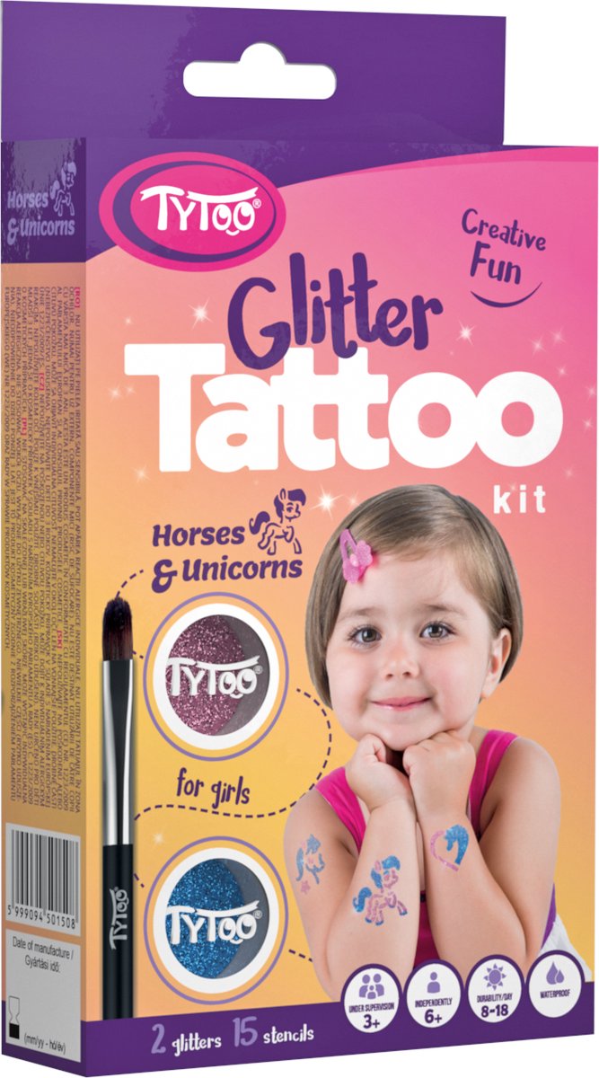 Tytoo Glitter Tattoo: PAARDEN & EENHOORNS 10,5x16x3,2cm, bevat 15 stencils,  glitters, lijm, penseel en instructies, 3+