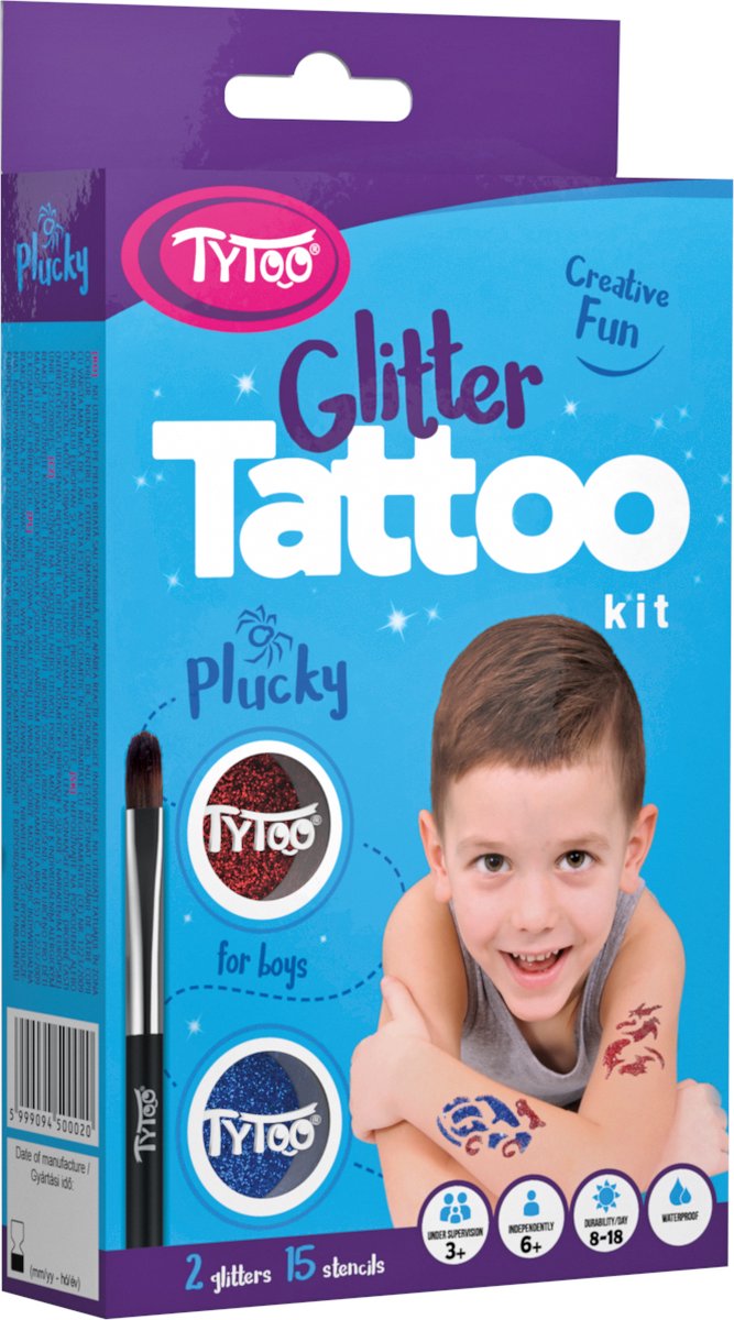 Tytoo Glitter Tattoo: PLUCKY 10,5x16x3,2cm, bevat 15 stencils, glitters, lijm, penseel en instructies, 3+