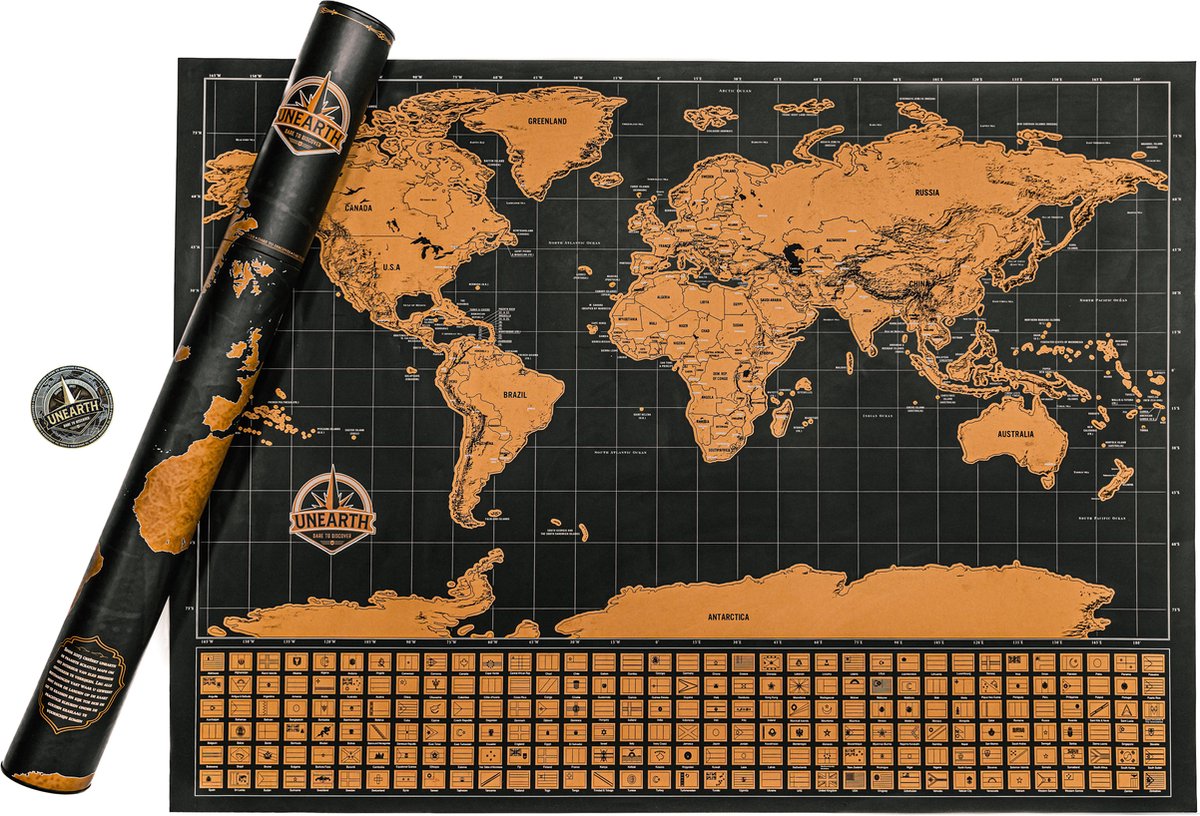  ® Luxe Scratch Map -   - Kras   - Met kras muntje - XL 75 x 55cm - 210 Vlaggen