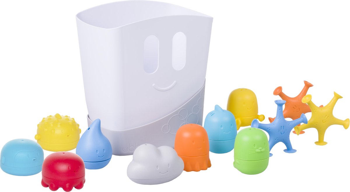 UBBI Bath Gift Set incl 12 Badspeeltjes - Baby - Kind - Bad & Douche - Veilig - BPA vrij - PVC vrij - Afdruipbak - Fijne motoriek