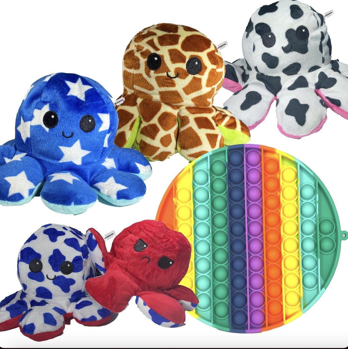 Ultrasativa® - Mood Knuffel Pop It XXL Pakket  - Mood Octopus - Mood Knuffel - Boos/Blij Knuffel - Pop It - Mega Pop It - Pop It Mega Groot - Regenboog - Regenboog Pop It - Fidget - Fidget Toys - Tiktok Trend - Rond - Ronde Pop It