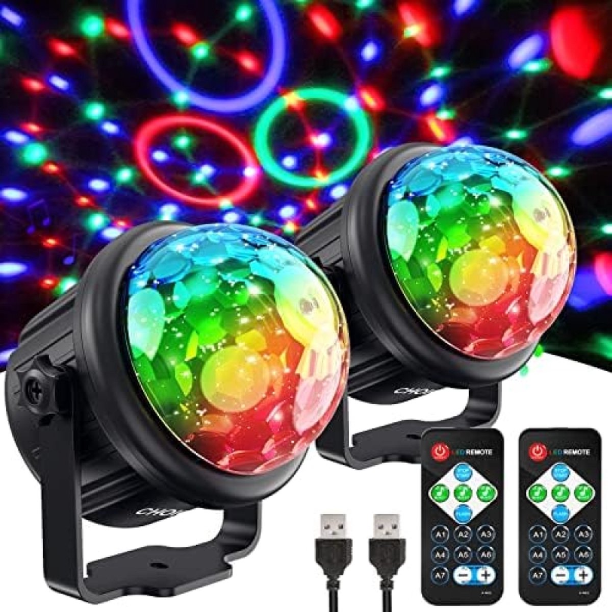 Discolichten, 7 Kleuren Muziekgestuurd Feestverlichting, 360 ° Draaibare   met Afstandsbediening, USB-aangedreven Stroboscoop voor Kinderen, Feest, Kerstlicht, Thuisdisco, Club 2 Stuks