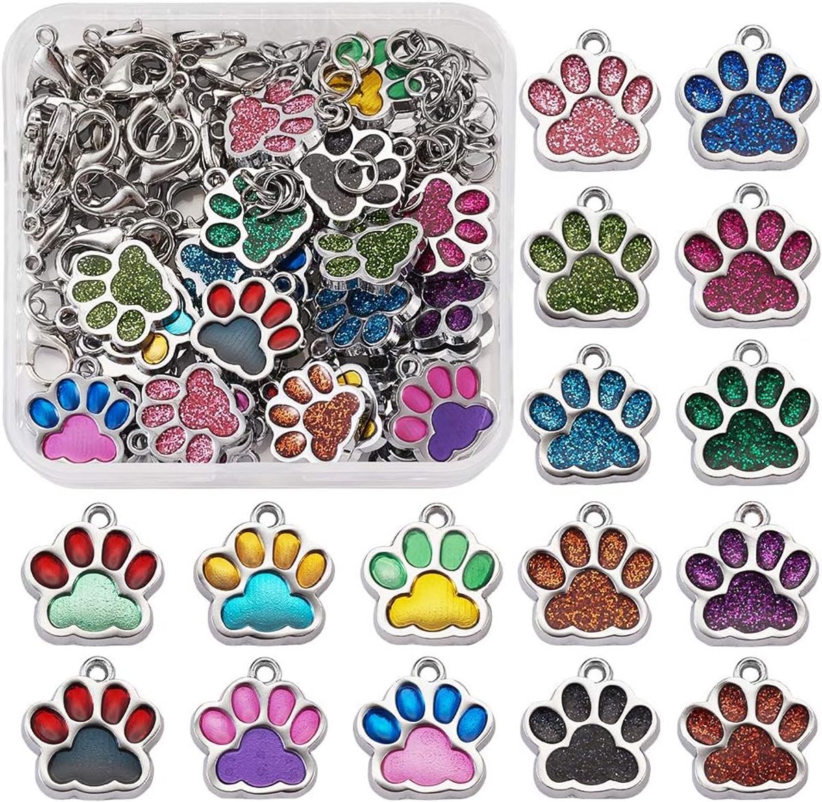 Emaille katten- en hondenpoot afdrukken hangers, 32 stuks, 16 kleuren drijvende metalen bedels met kreeftensluitingen voor sieraden maken