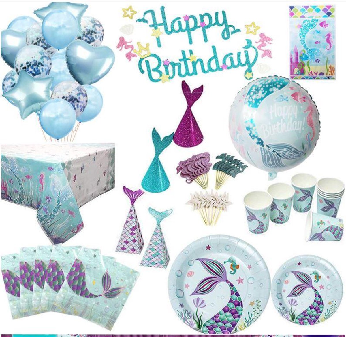 Feestopstelling - Feest Set - Verjaardagsfeest - Versiering Set - Viering - Happy Birthday - Party Set - Set Up - Servies - Mes Vork - Bordje - Banier - Speelgoed - Cadeautasje - Rietje - Versieren - Decoration  - Meermin Thema - Mermaid Theme