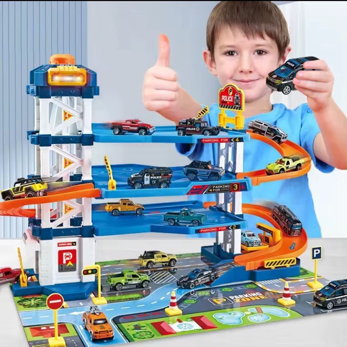 Politie Parkeergarage Speelset – 3 Verdiepingen – Racebaan met Die-Cast Auto’s – Interactief Speelgoed voor Jongens en Meisjes