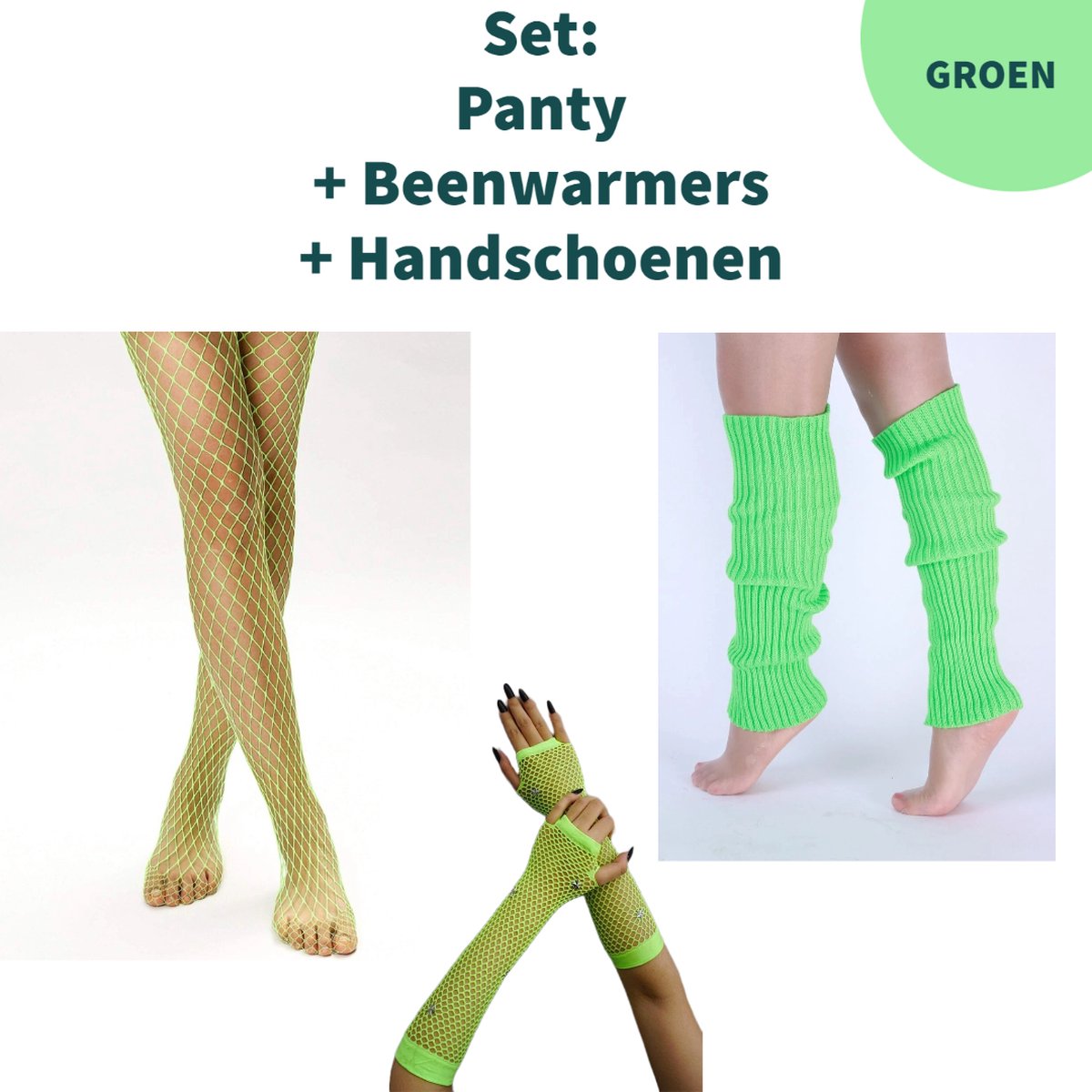 SET: Gekleurde Stevige Visnet Panty + Beenwarmers + Vingerloze handschoenen (GROEN) - Carnaval outfit - Accessoiresset - Netpanty - Visgraat panty - Fishnet Stockings - Kamping Kitch - Foute Party - Carnavalskleding - Verkleden
