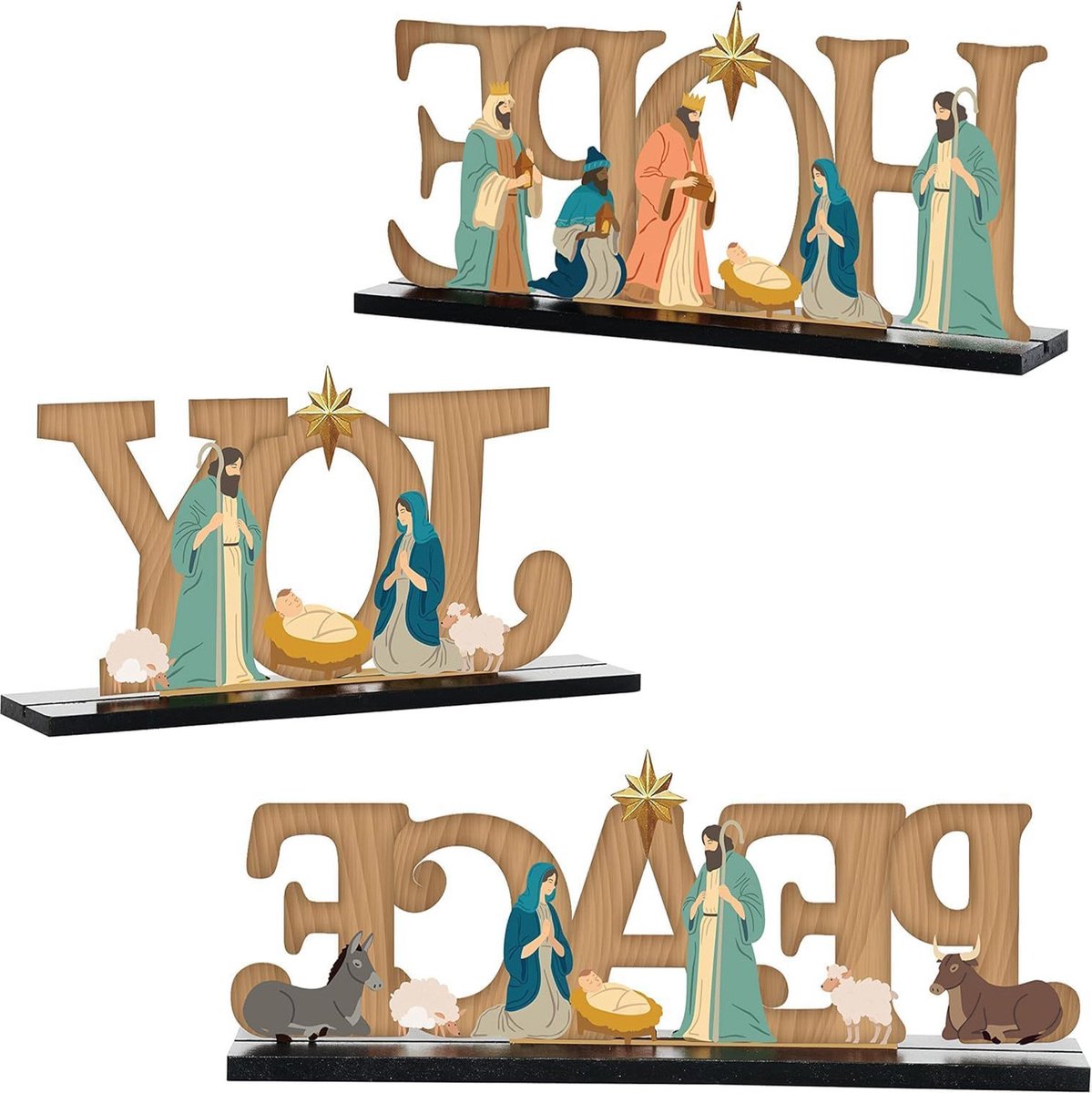 oCreon 3 Stks Kerst Boerderij Geboorte van Jezus Houten Tafeldecoratie - Vrede - Hoop - Vreugde