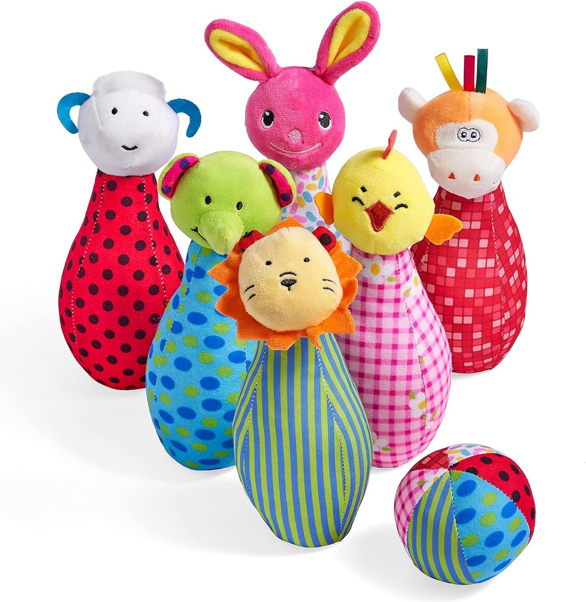 oCreon 7-delige Bowlingspel Set - Sensorisch Speelgoed met Pluche Kegels en Rammelaar Bal