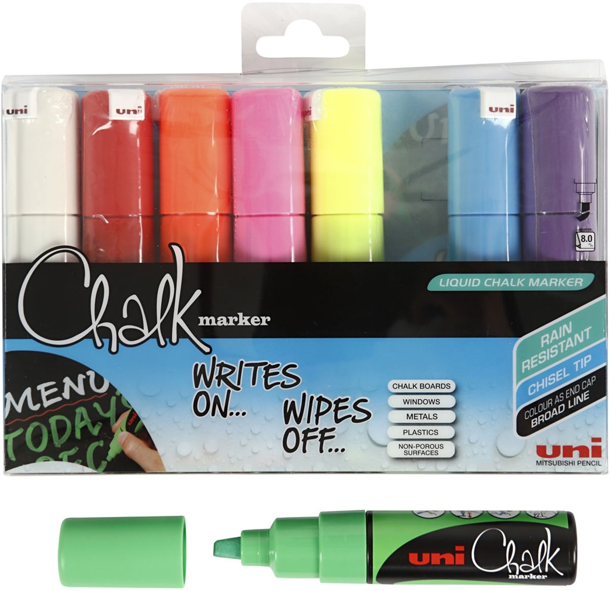 Chalk marker, lijndikte: 8 mm, kleuren assorti, 8stuks